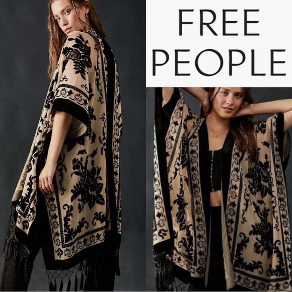 Free People Other - FREE PEOPLE NIGHTBIRD BLACK BURNOUT VELVET KIMONO FRINGED DUSTER ONE SIZE